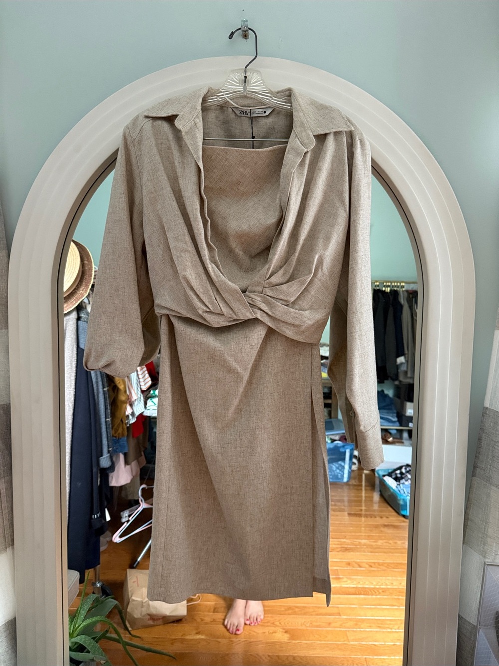 Zara Neutral Beige Twist-Front Long Sleeve Dress